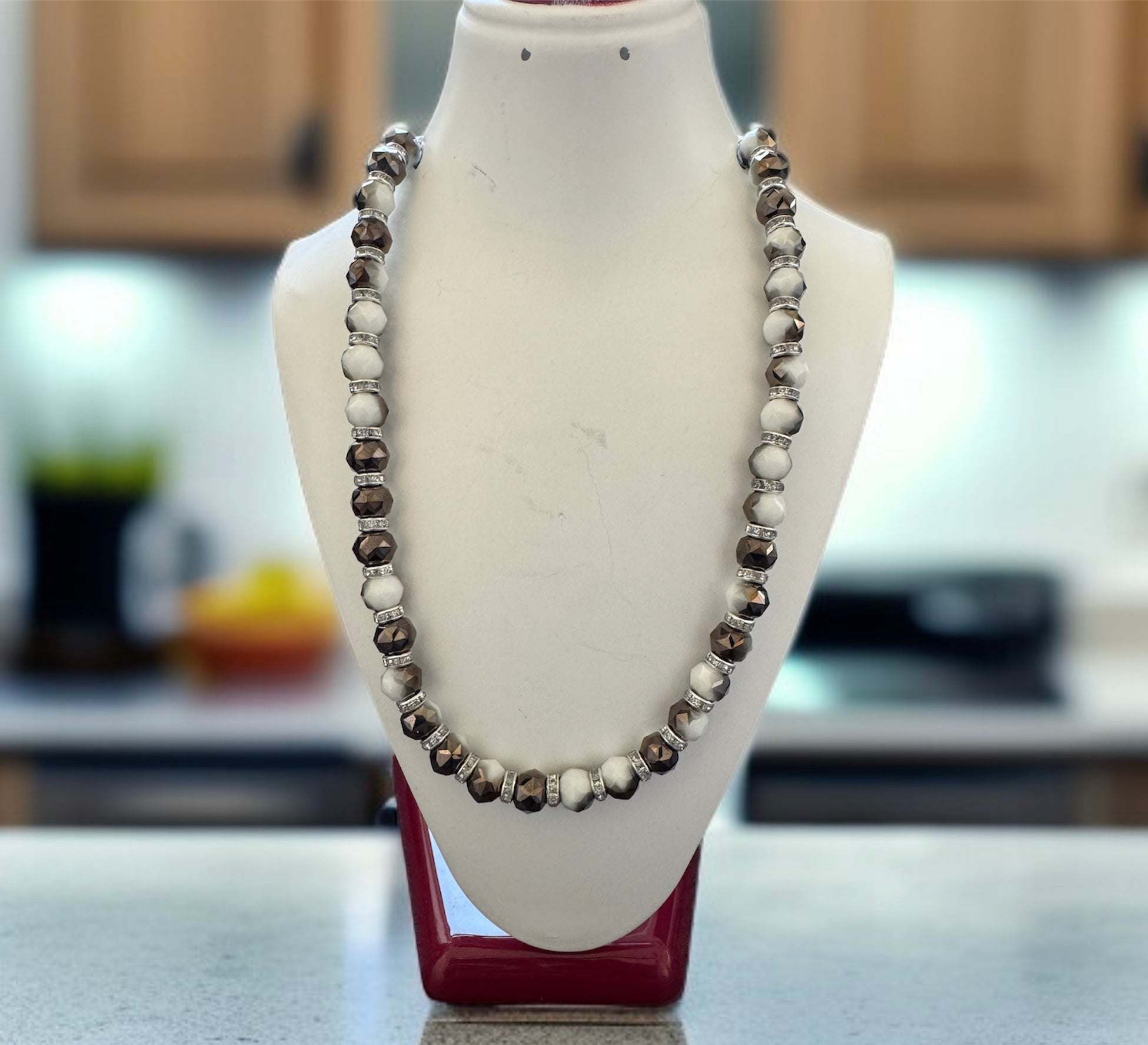 Black & White Beads Necklace with Silver Accents