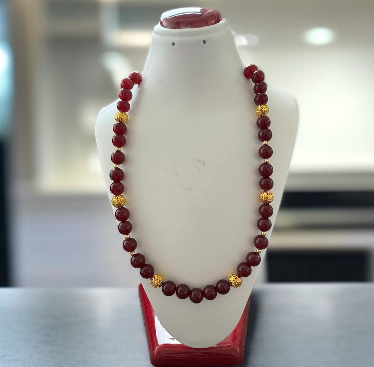 Red Jade Double-Strand Necklace with Gold Accents