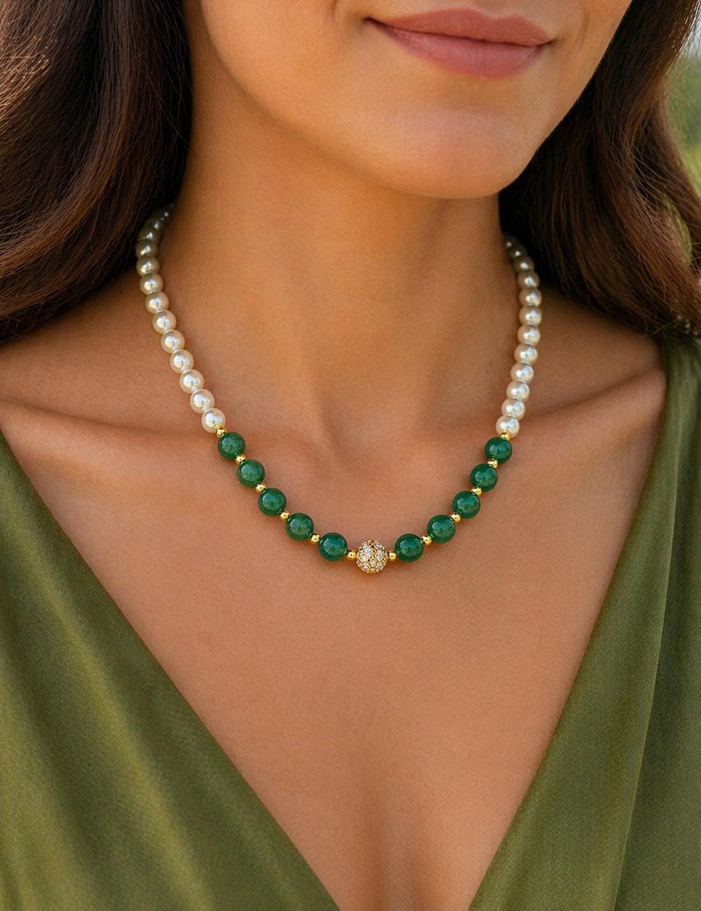 Green Onyx & Shell Pearl Necklace