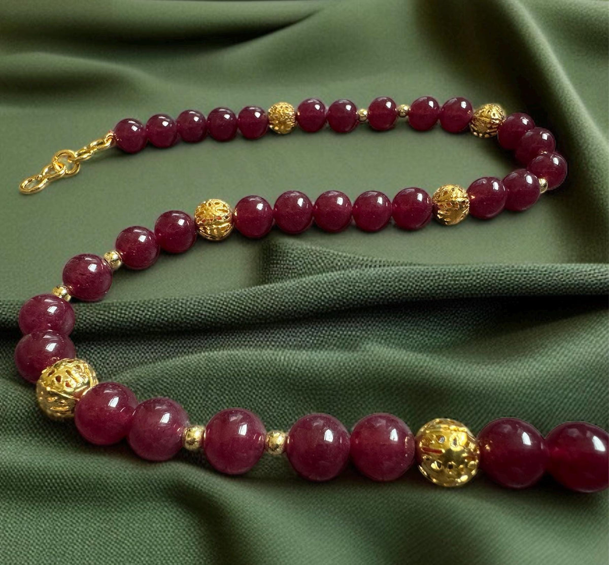 Red Jade Double-Strand Necklace with Gold Accents