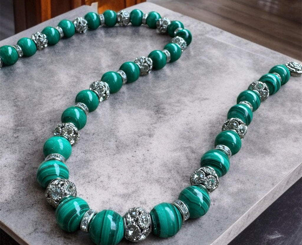 Malachite Necklace 10mm with Crystal Accents