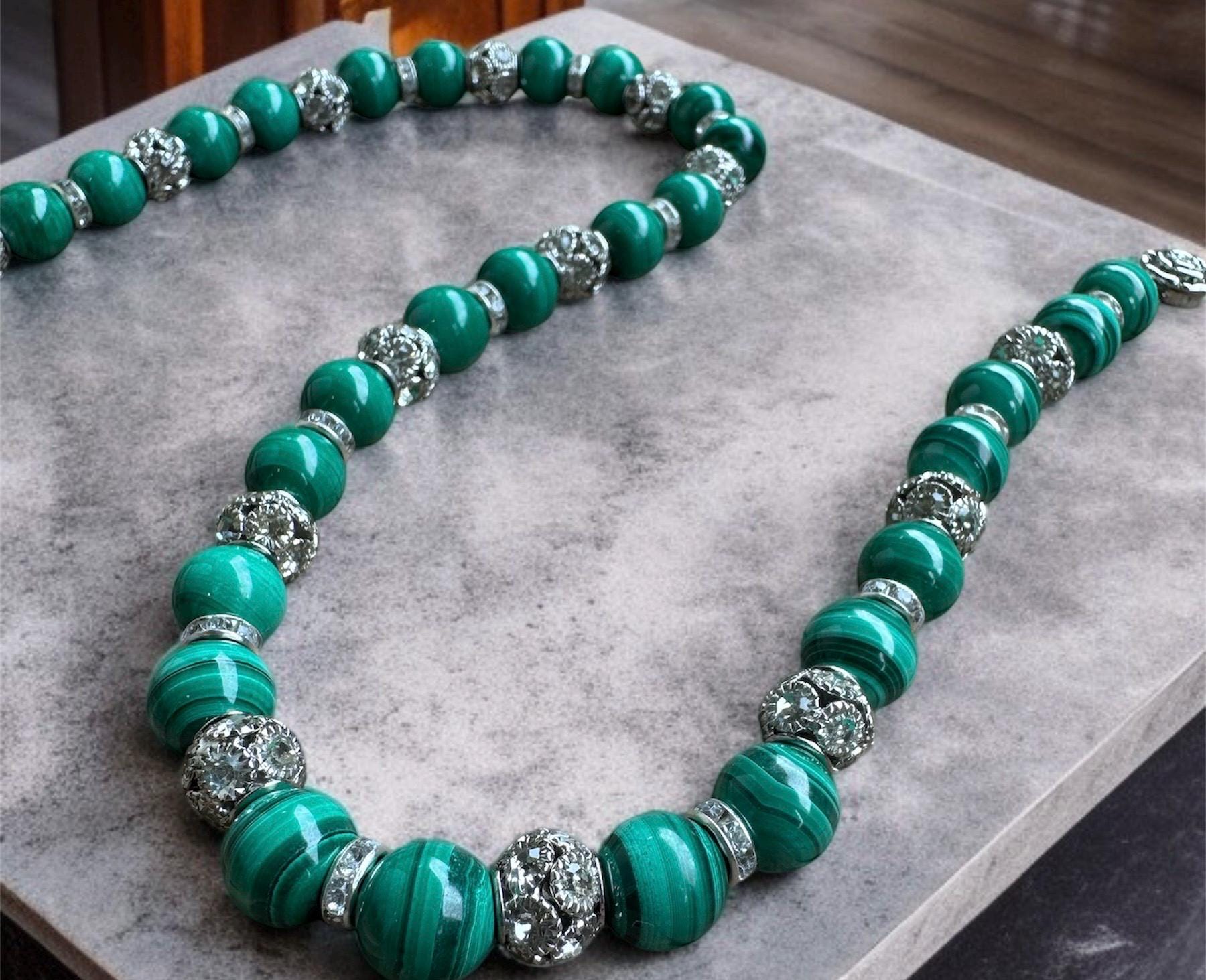 Malachite Necklace 10mm with Crystal Accents