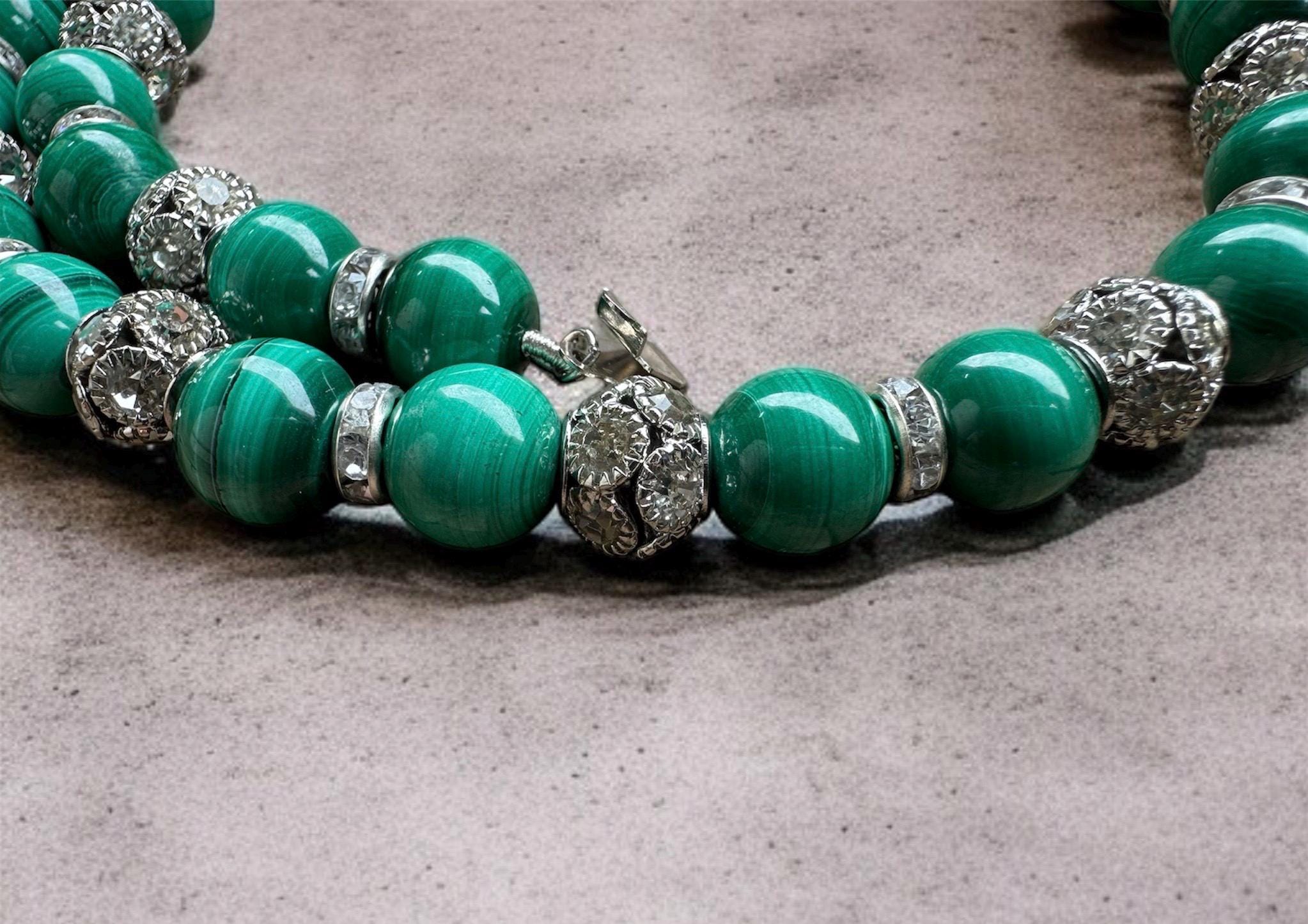 Malachite Necklace 10mm with Crystal Accents