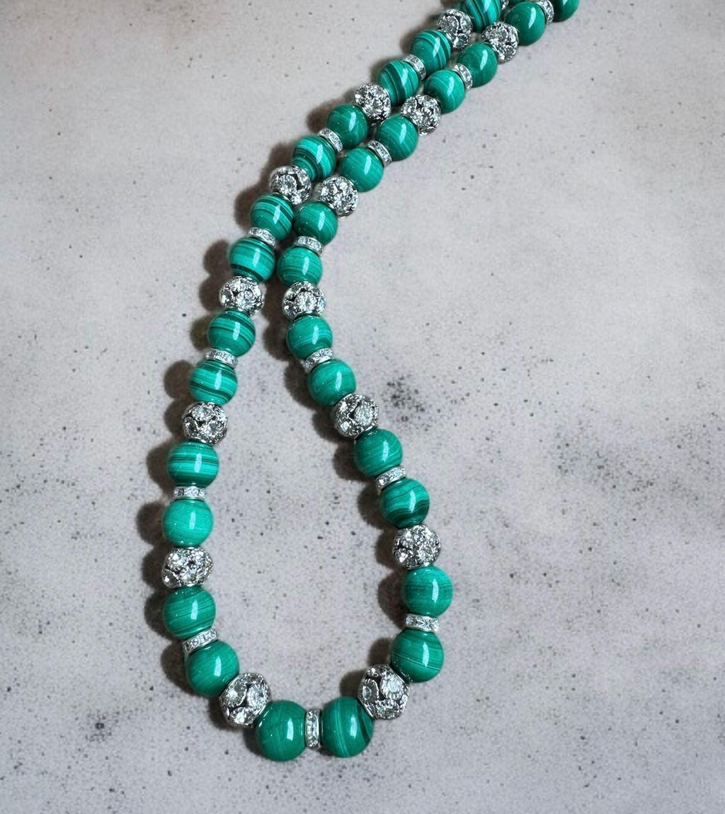 Malachite Necklace 10mm with Crystal Accents