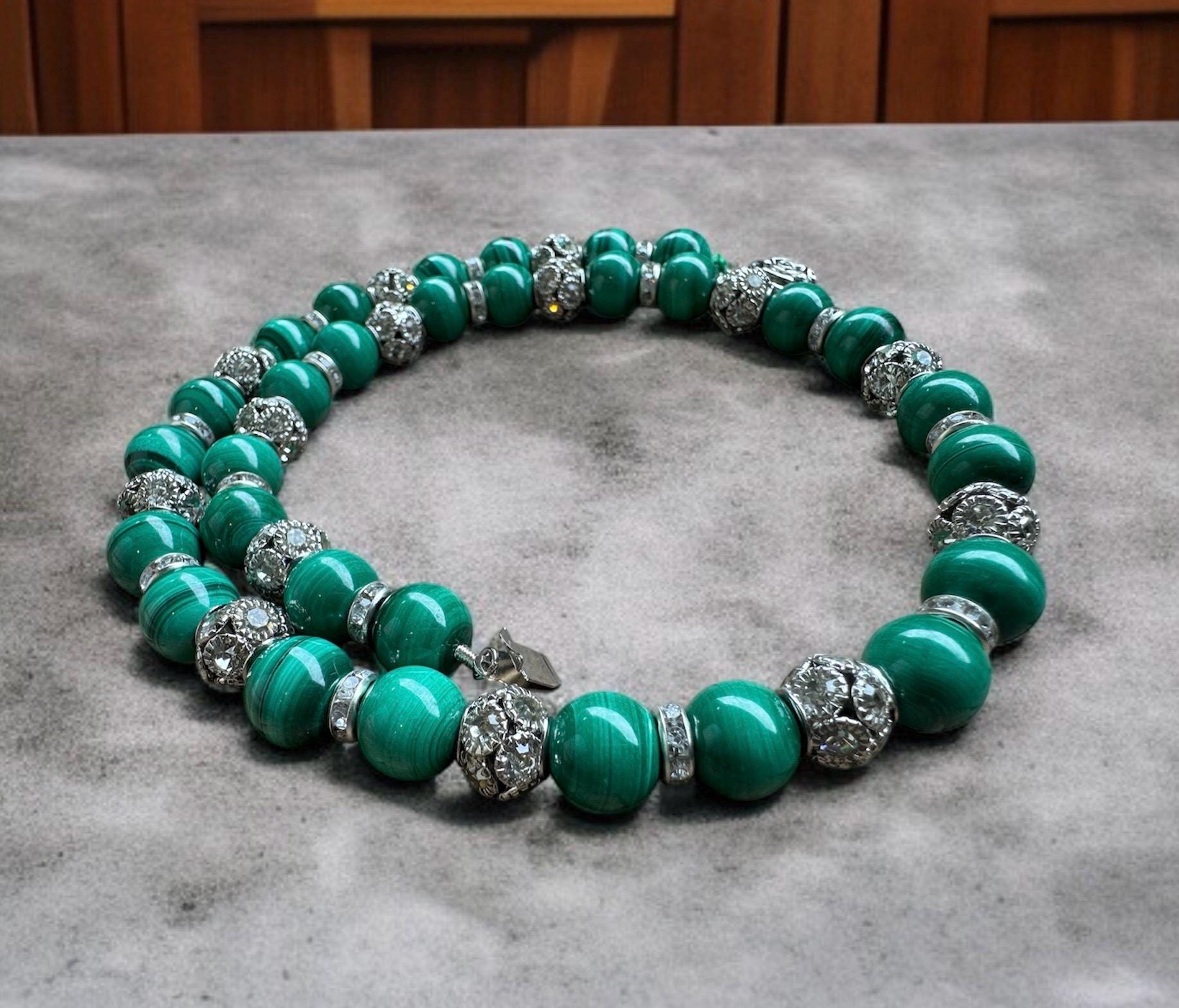 Malachite Necklace 10mm with Crystal Accents