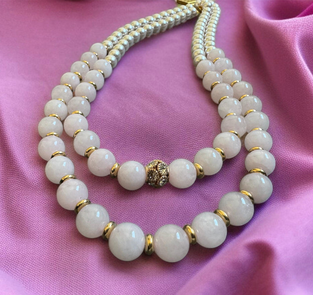 Rose Quartz & Shell Pearl Double Strand Necklace