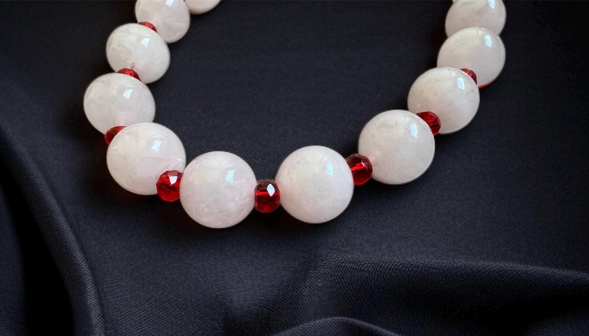 Rose Quartz Necklace with Red CZ Accents