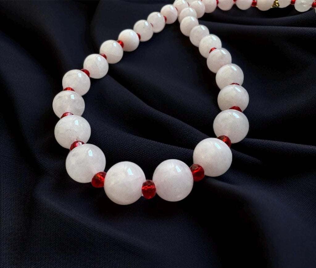 Rose Quartz Necklace with Red CZ Accents