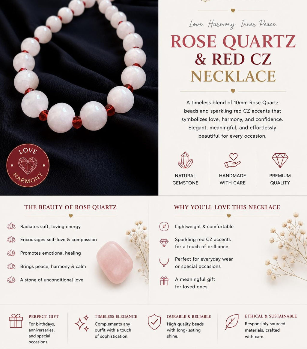 Rose Quartz Necklace with Red CZ Accents