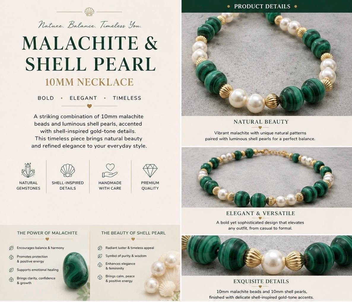 Malachite & Shell Pearl Necklace 10mm
