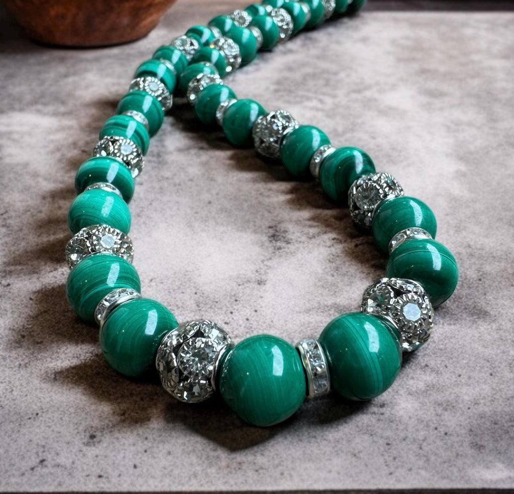 Malachite Necklace 10mm with Crystal Accents