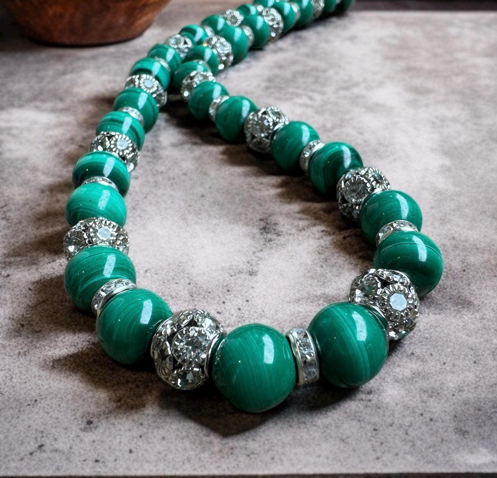 Malachite Necklace 10mm with Crystal Accents