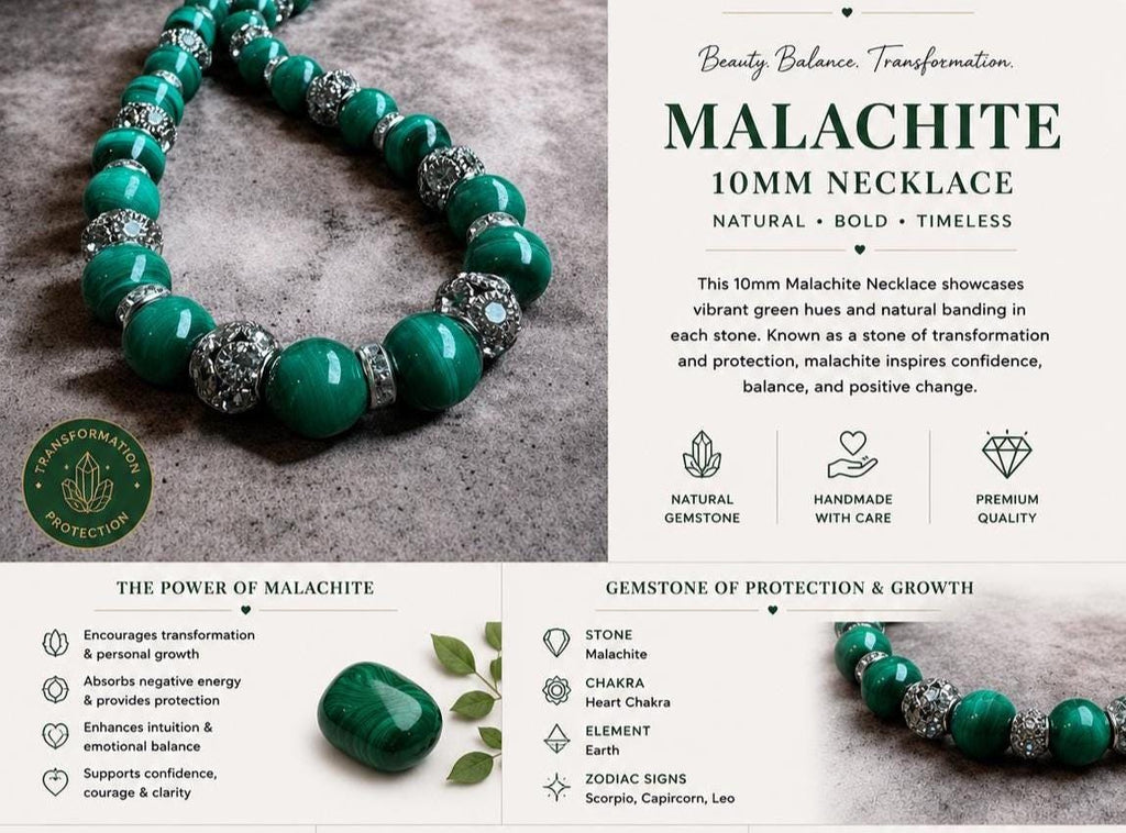 Malachite Necklace 10mm with Crystal Accents