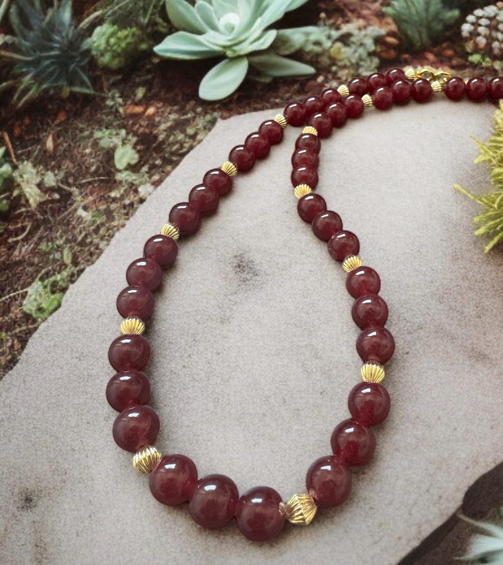 Red Jade Necklace 10mm with Gold Accents