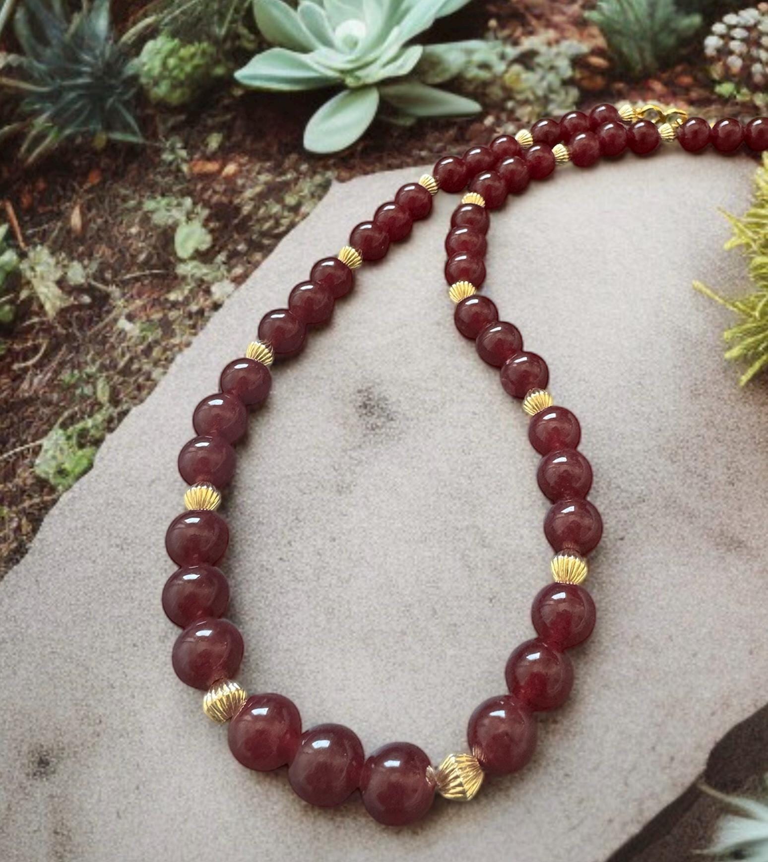Red Jade Necklace 10mm with Gold Accents