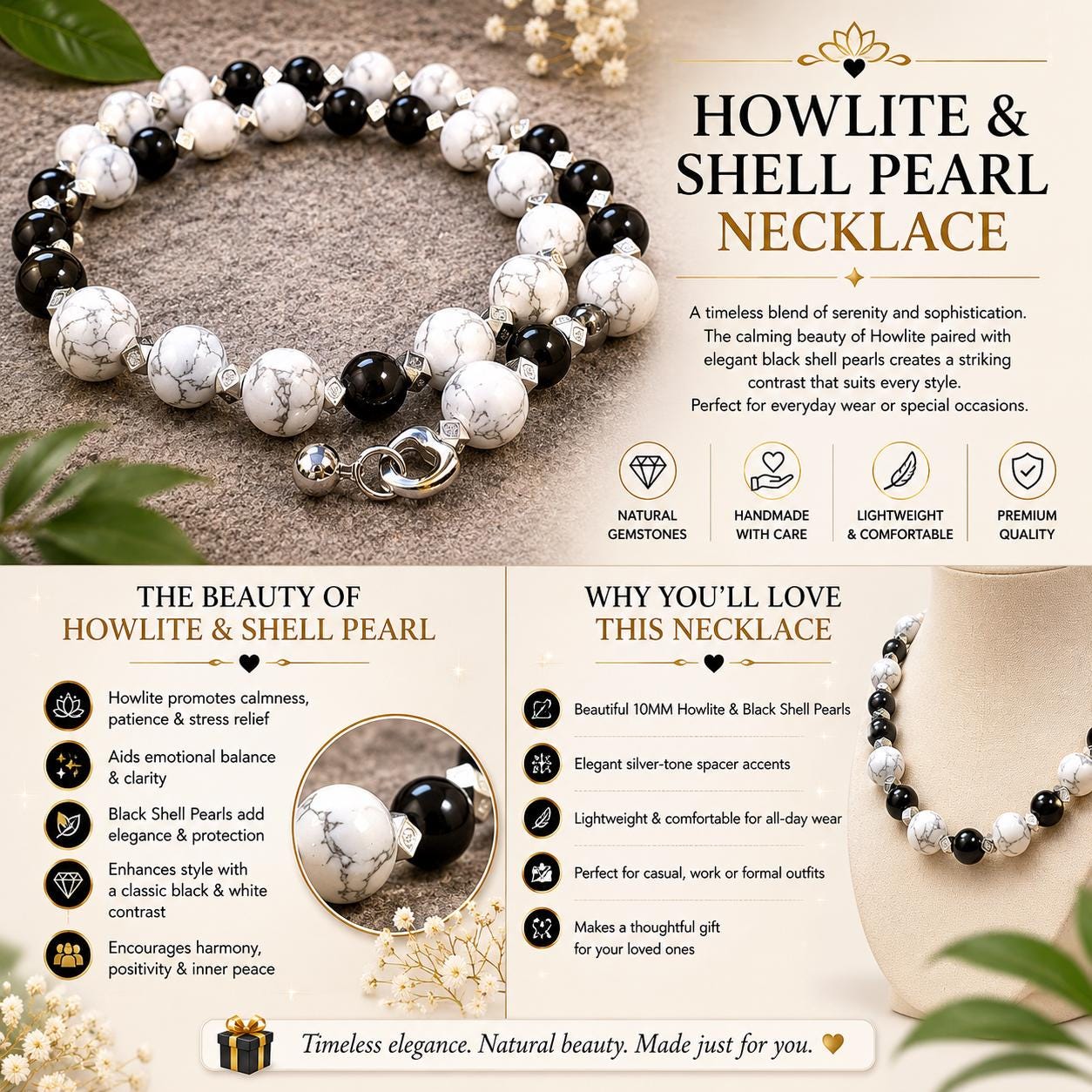 Howlite & Black Shell Pearl Necklace 10mm