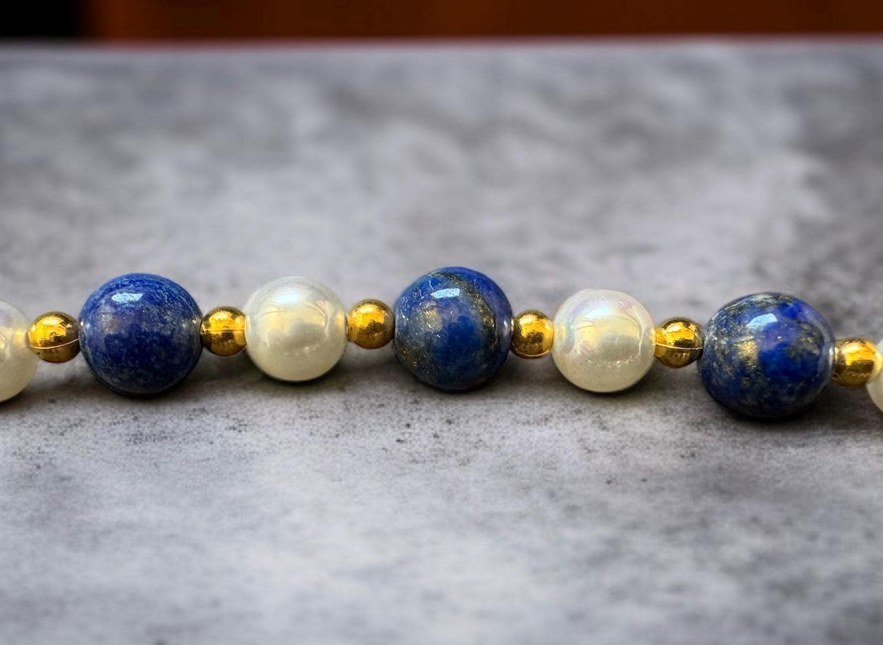 Lapis Lazuli & Shell Pearl Necklace 8mm (Gold Accent)