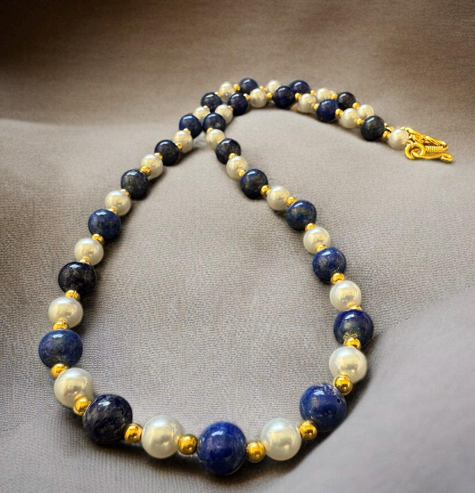 Lapis Lazuli & Shell Pearl Necklace 8mm (Gold Accent)