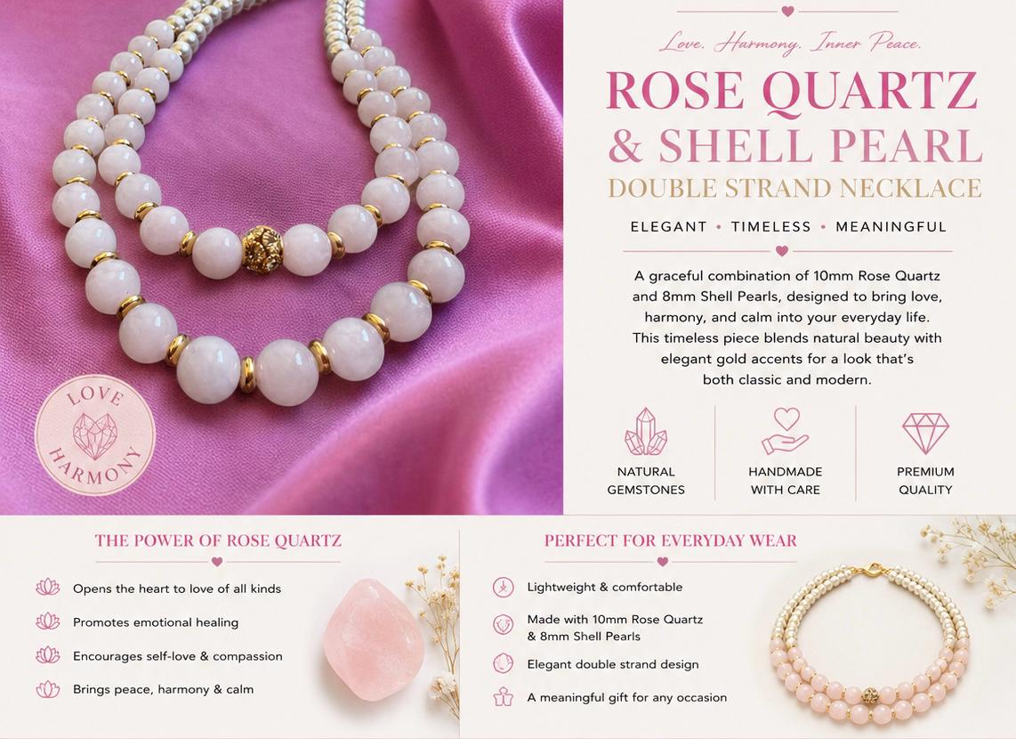 Rose Quartz & Shell Pearl Double Strand Necklace