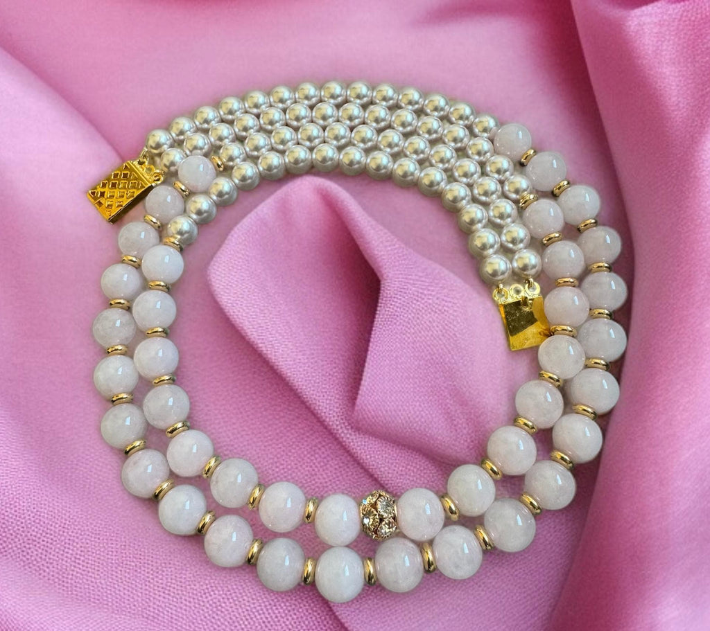 Rose Quartz & Shell Pearl Double Strand Necklace