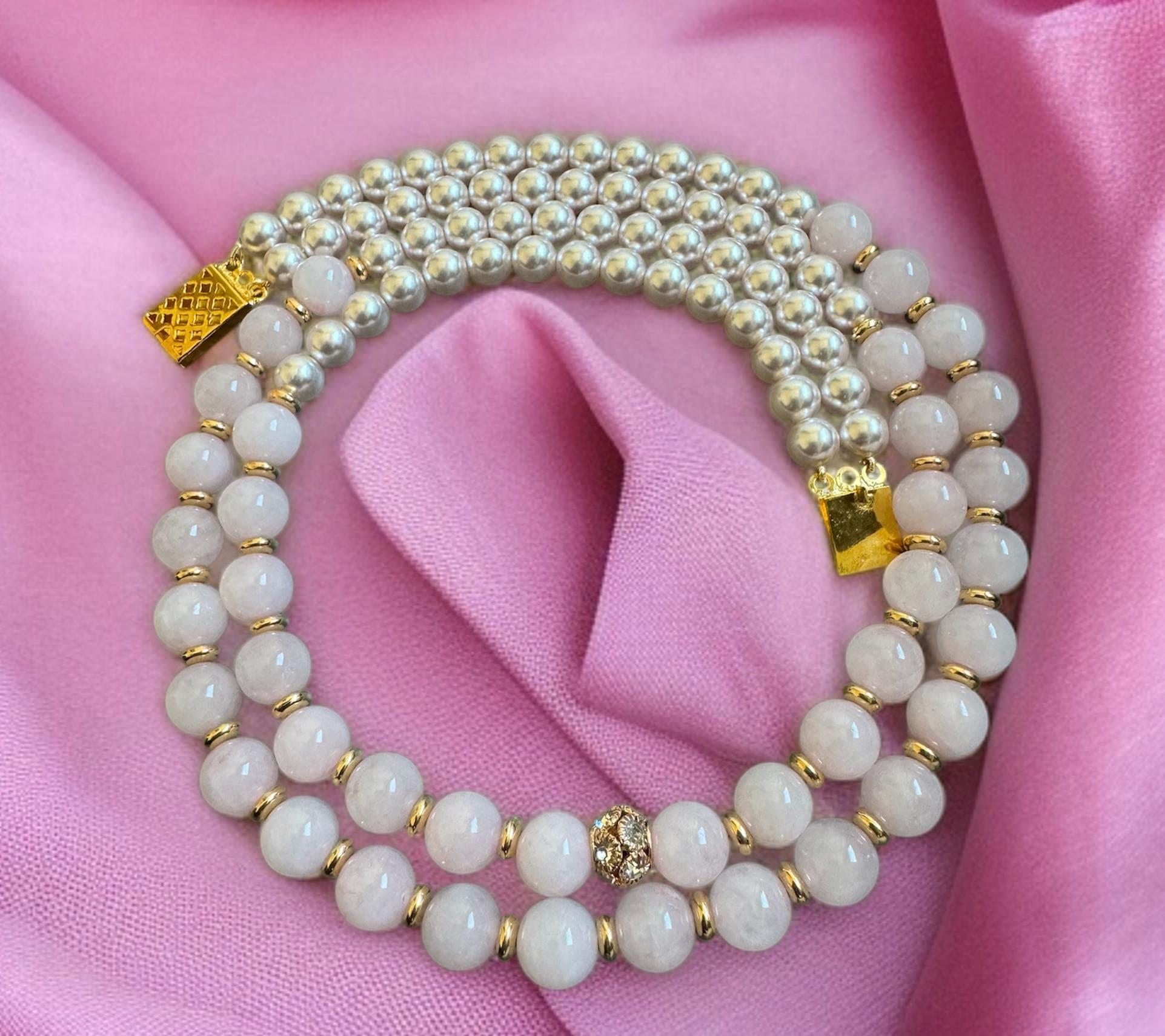 Rose Quartz & Shell Pearl Double Strand Necklace