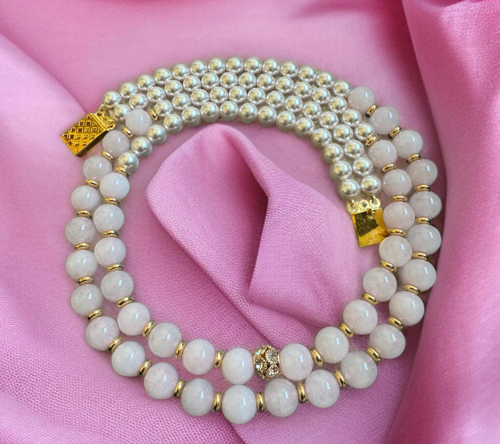 Rose Quartz & Shell Pearl Double Strand Necklace