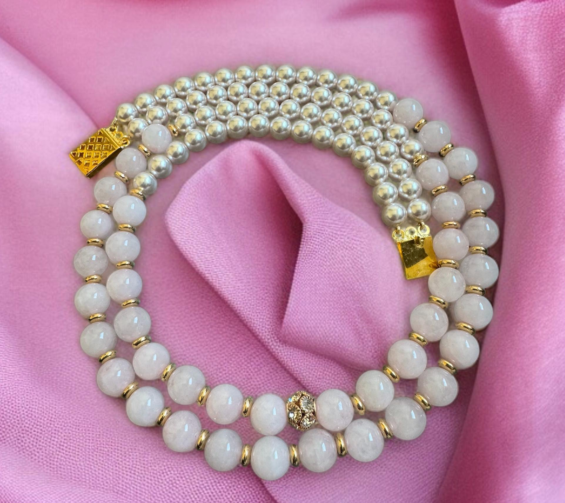 Rose Quartz & Shell Pearl Double Strand Necklace