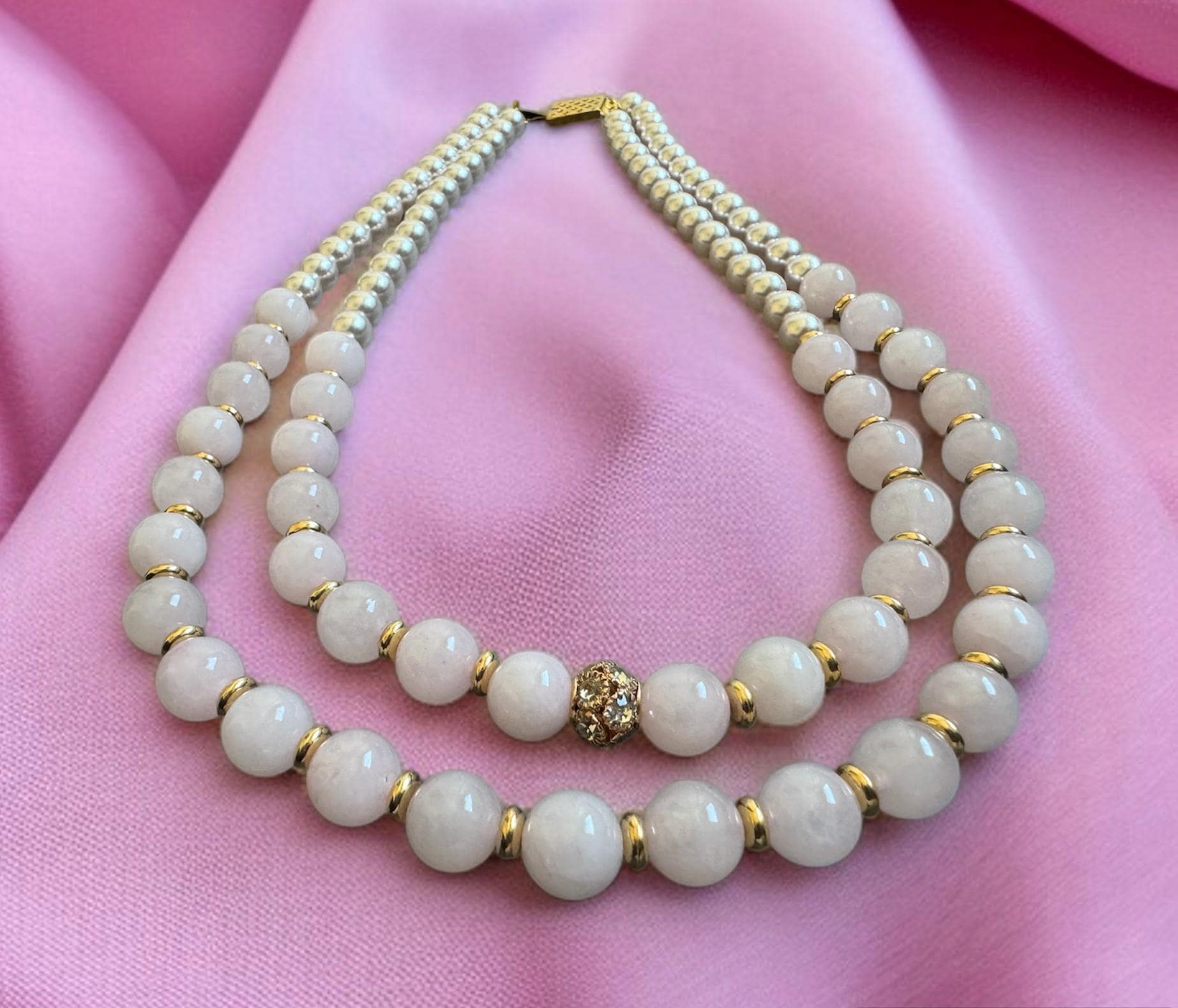 Rose Quartz & Shell Pearl Double Strand Necklace