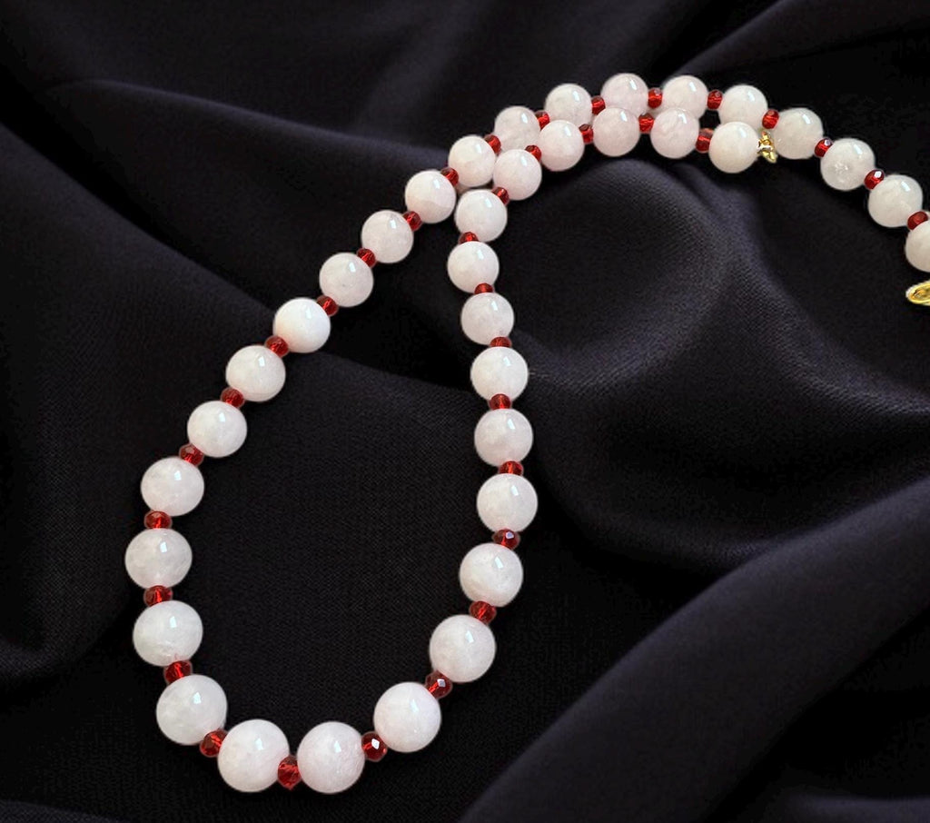 Rose Quartz Necklace with Red CZ Accents