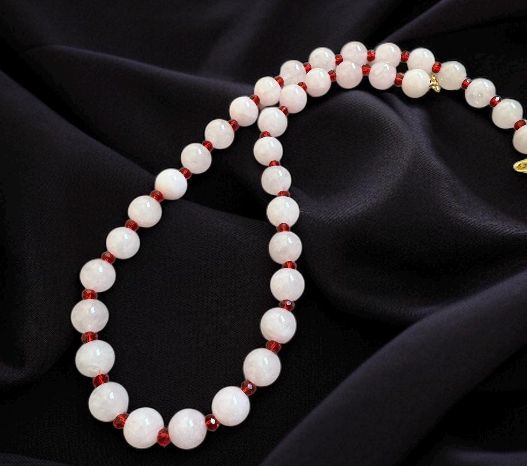 Rose Quartz Necklace with Red CZ Accents