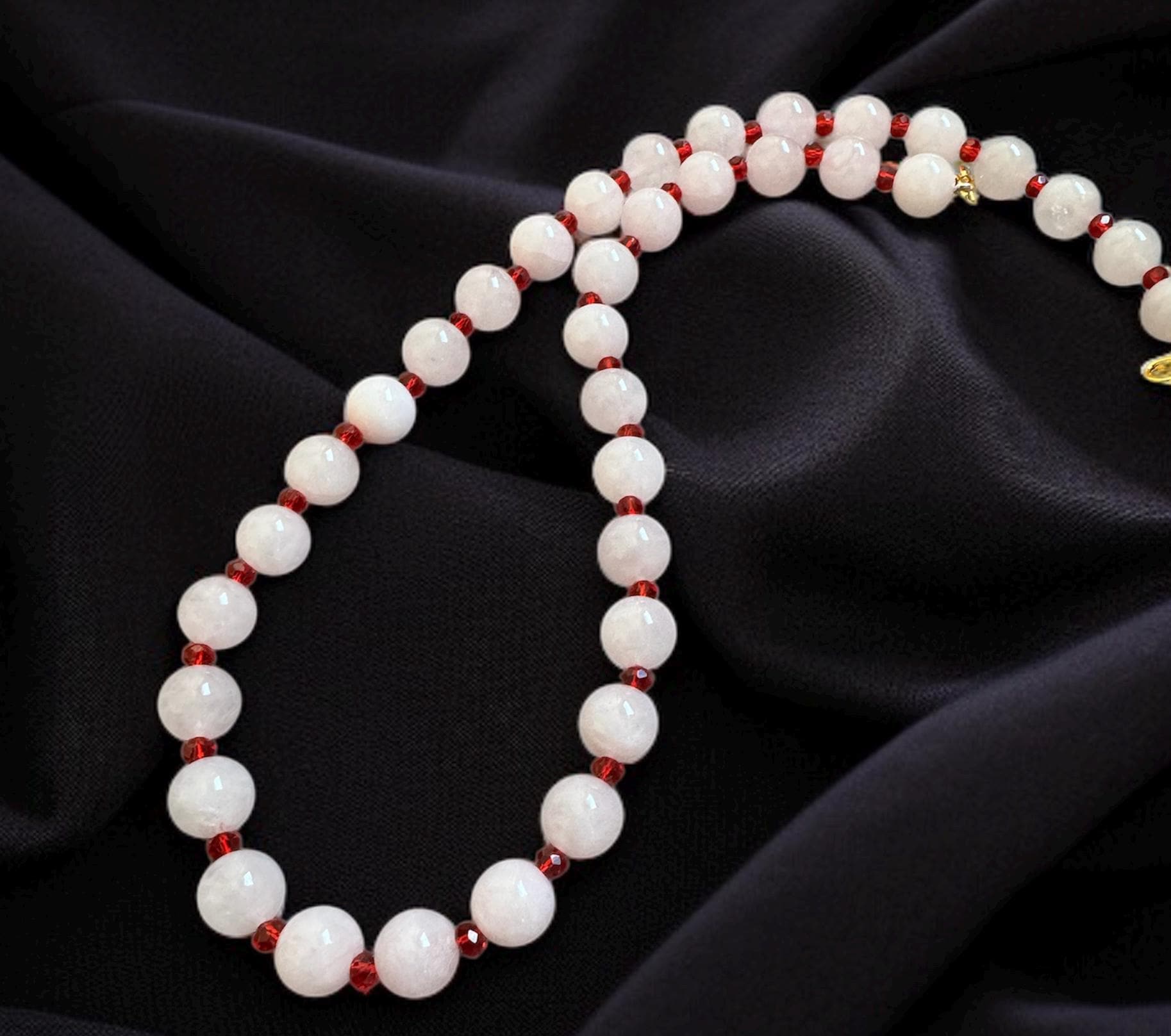 Rose Quartz Necklace with Red CZ Accents