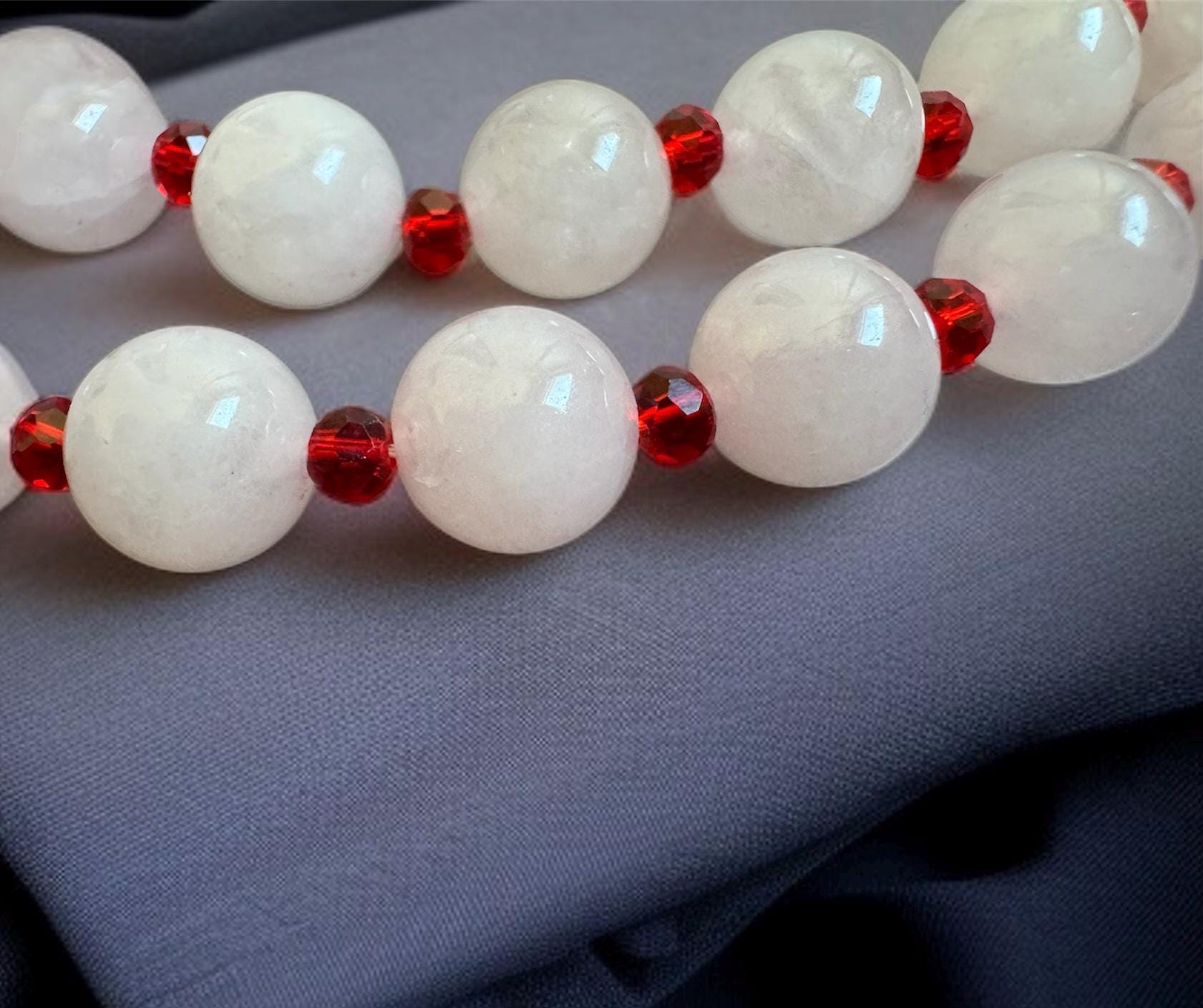 Rose Quartz Necklace with Red CZ Accents
