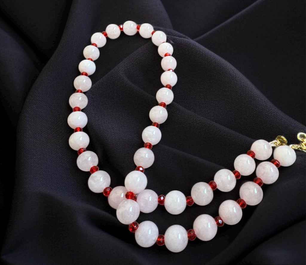 Rose Quartz Necklace with Red CZ Accents