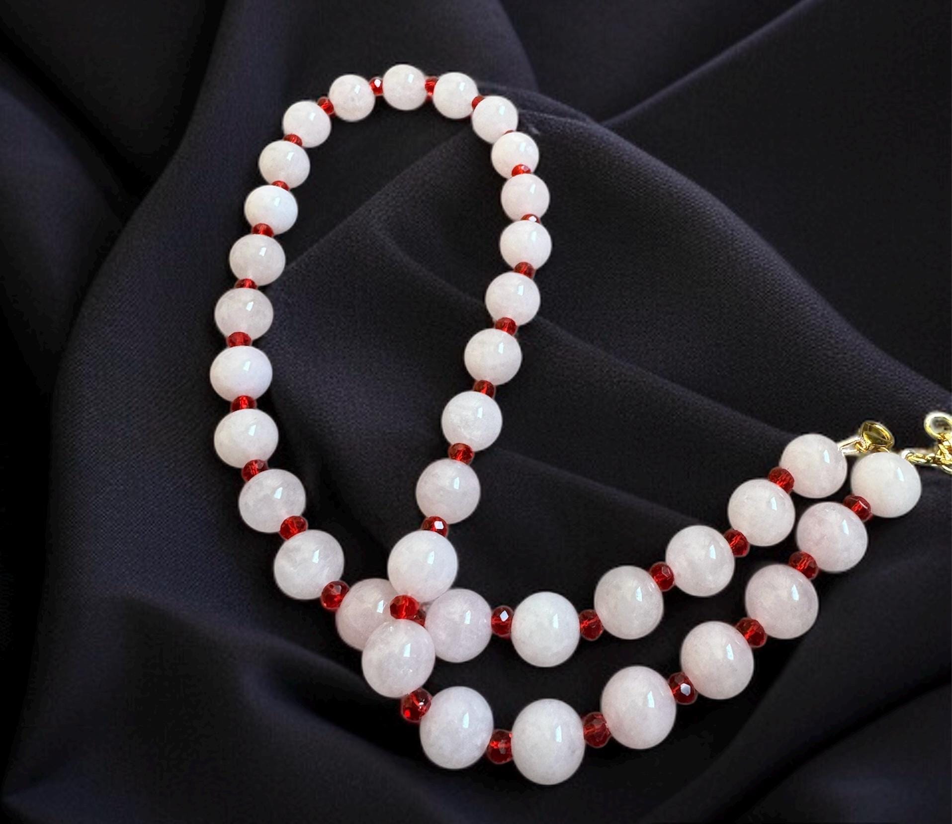 Rose Quartz Necklace with Red CZ Accents