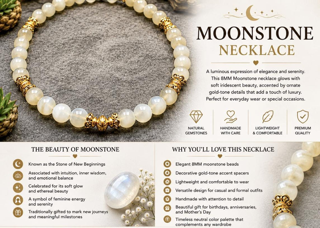 Moonstone Necklace 8mm with Gold Accents