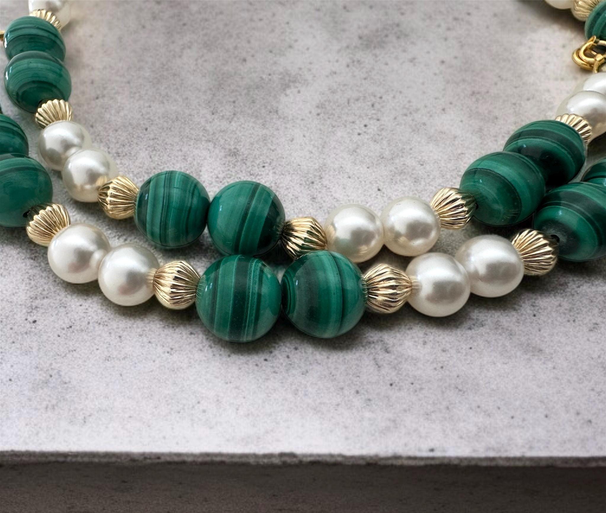Malachite & Shell Pearl Necklace 10mm