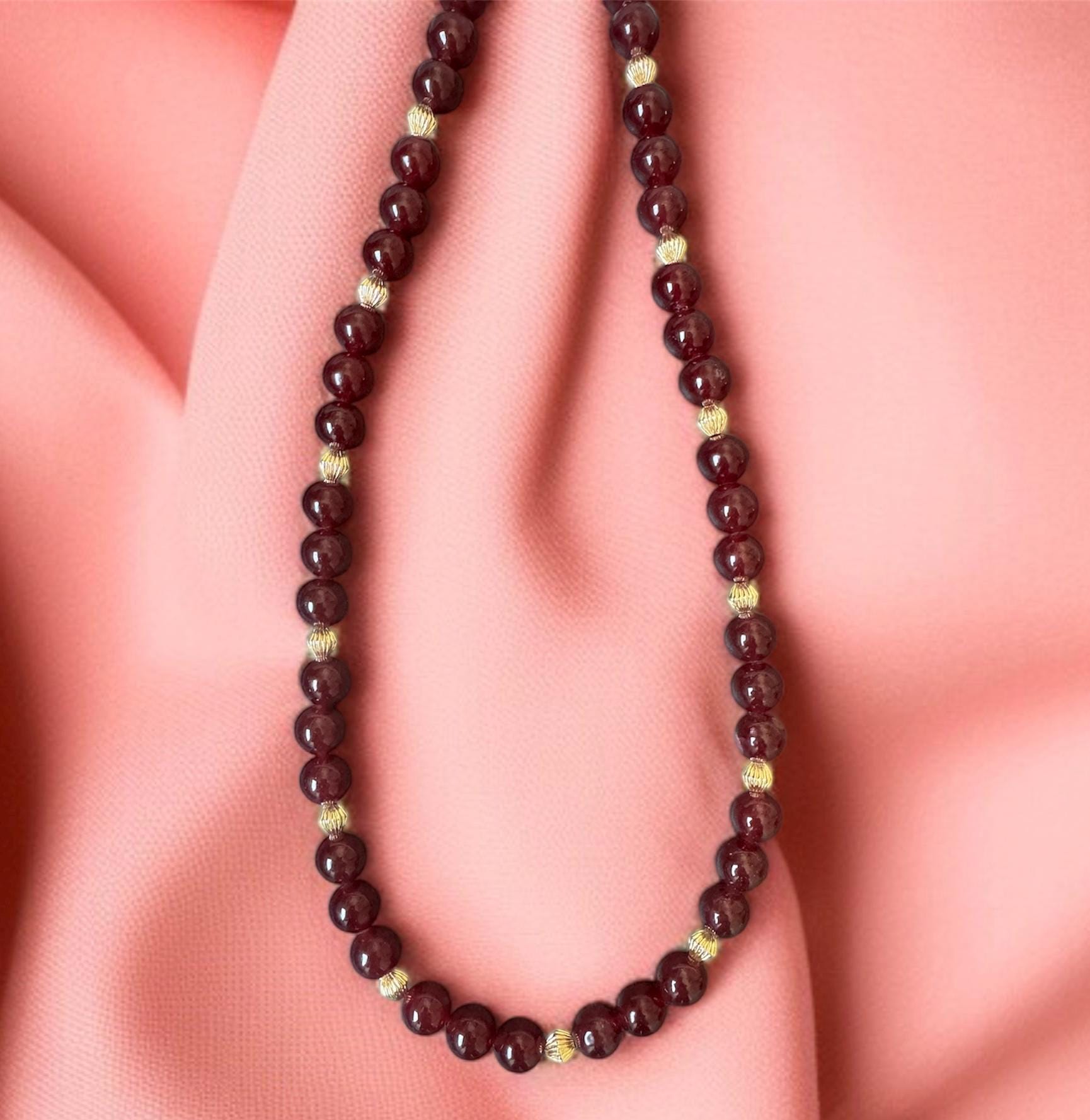Red Jade Necklace 10mm with Gold Accents