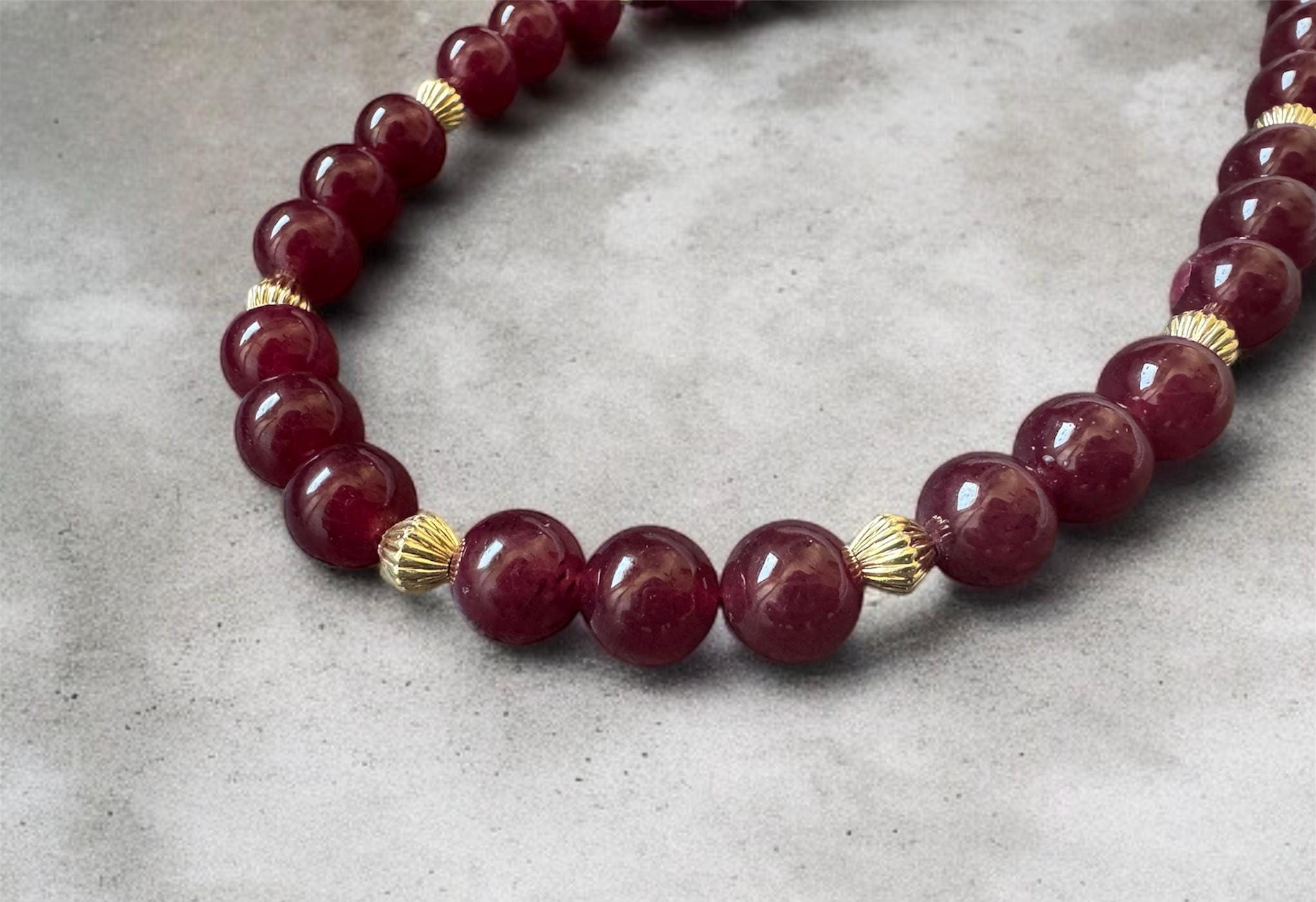 Red Jade Necklace 10mm with Gold Accents