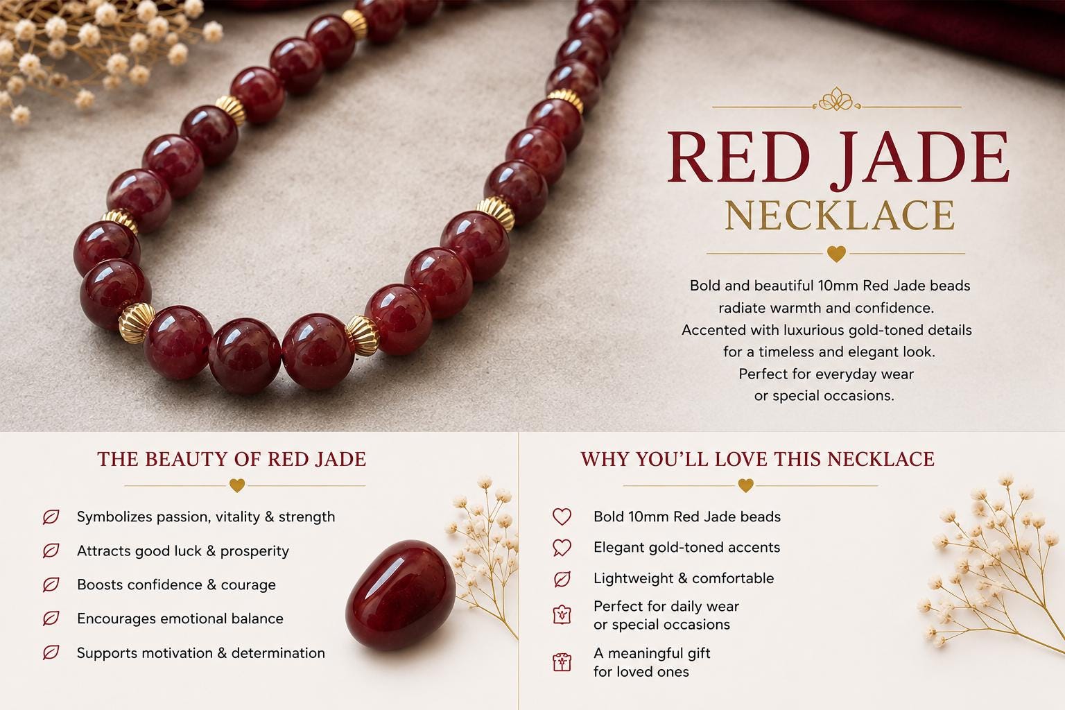 Red Jade Necklace 10mm with Gold Accents