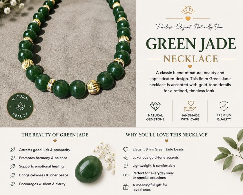 Green Jade Necklace 8mm with Gold Accents