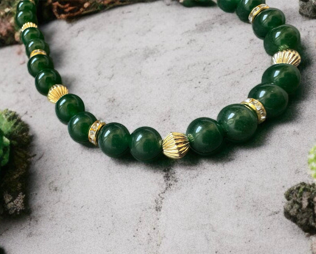 Green Jade Necklace 8mm with Gold Accents