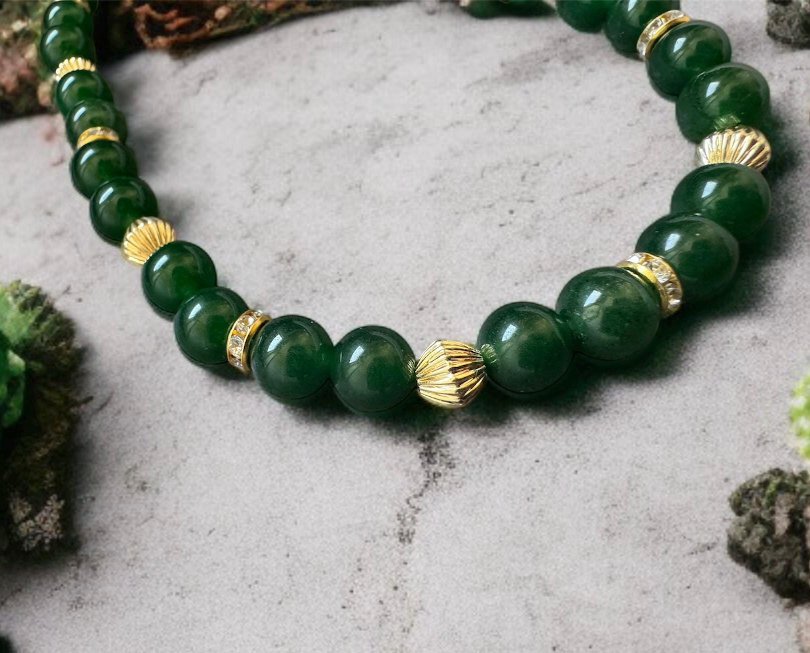 Green Jade Necklace 8mm with Gold Accents