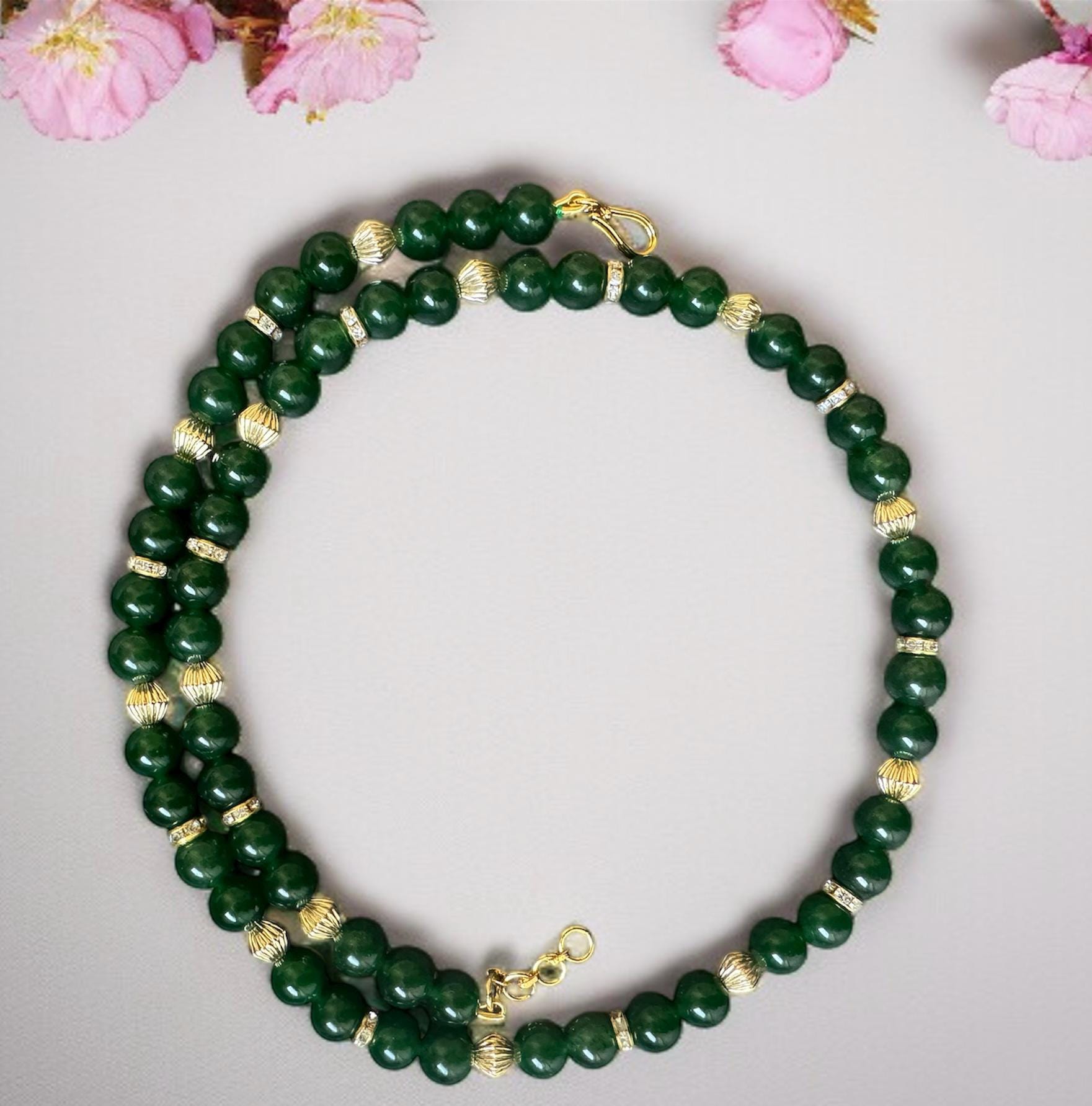 Green Jade Necklace 8mm with Gold Accents