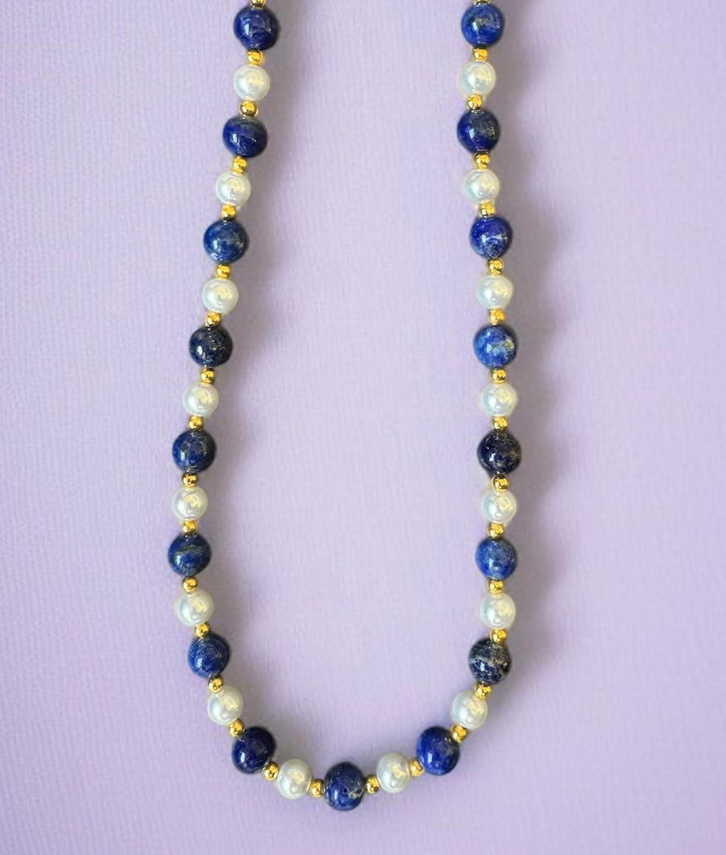 Lapis Lazuli & Shell Pearl Necklace 8mm (Gold Accent)