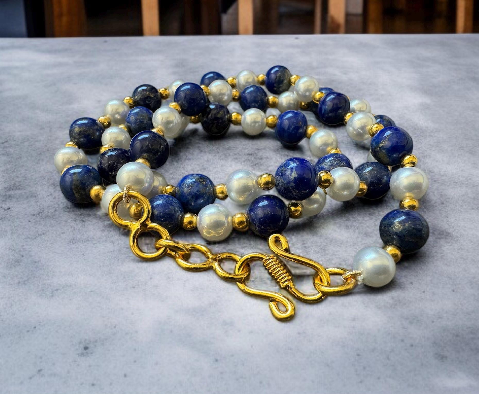 Lapis Lazuli & Shell Pearl Necklace 8mm (Gold Accent)