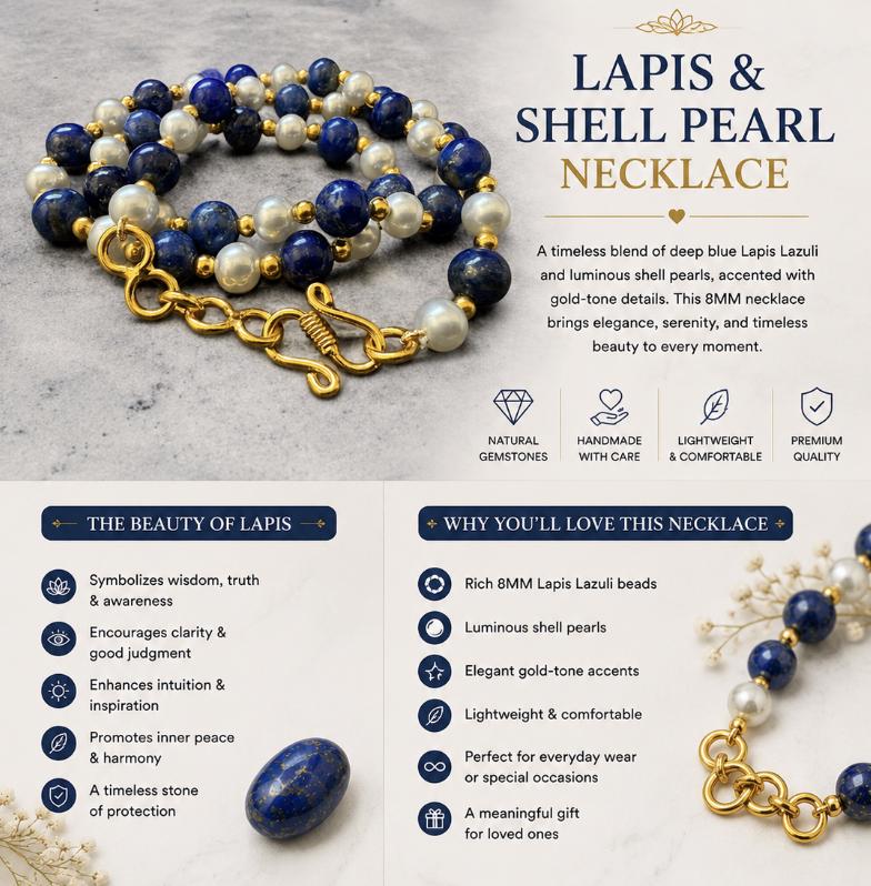 Lapis Lazuli & Shell Pearl Necklace 8mm (Gold Accent)