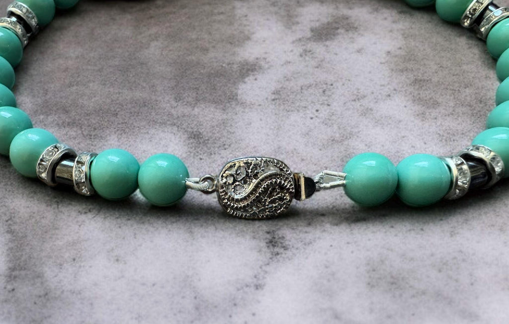 Turquoise Shell Pearl Necklace with Hematite Accents