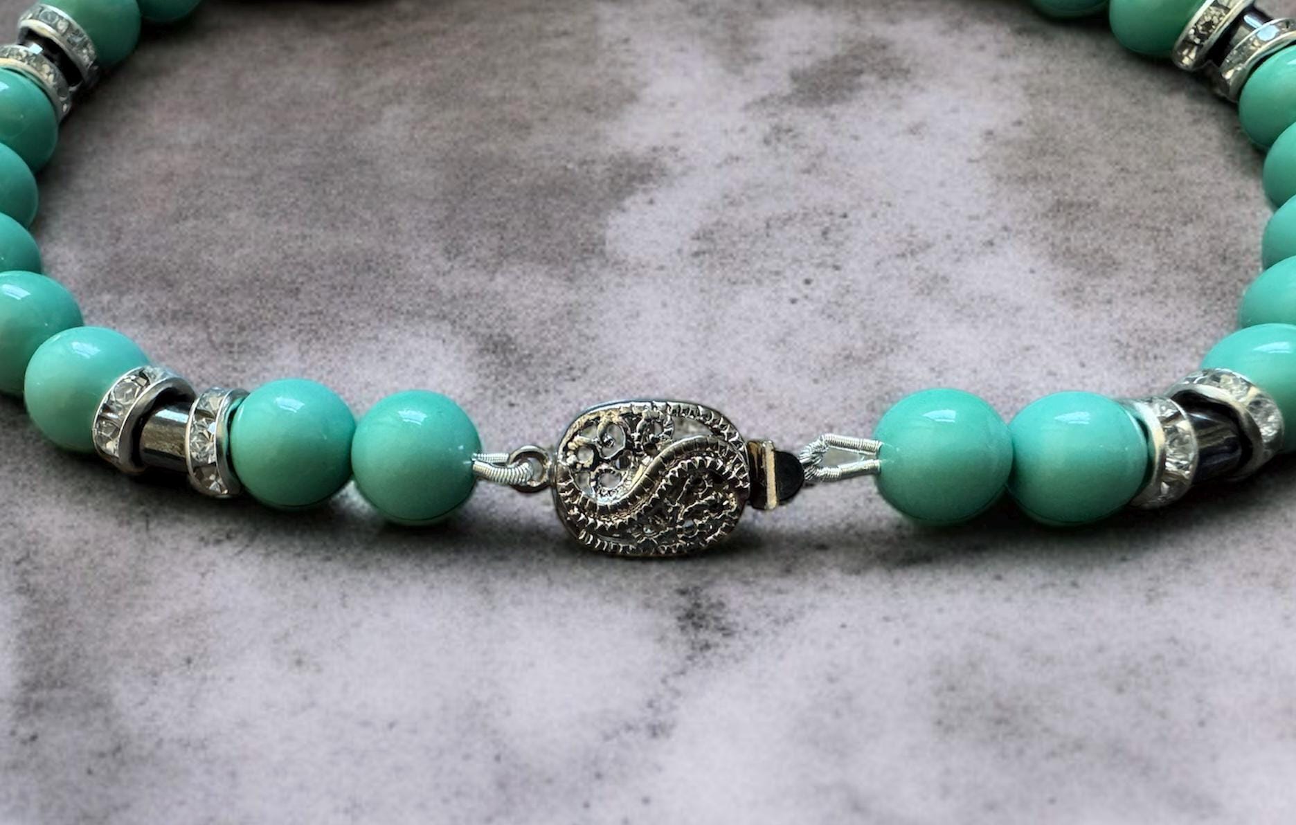 Turquoise Shell Pearl Necklace with Hematite Accents