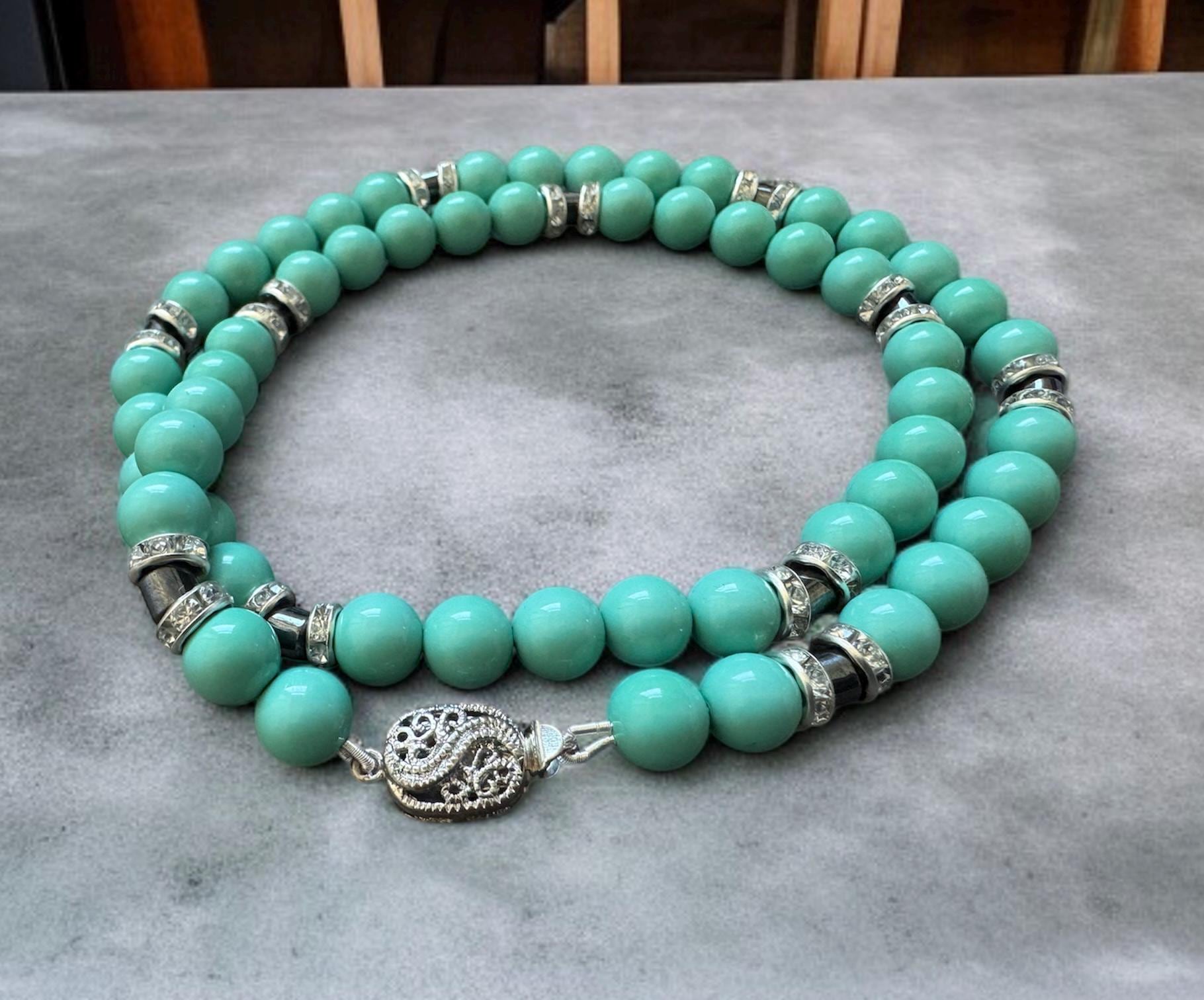 Turquoise Shell Pearl Necklace with Hematite Accents
