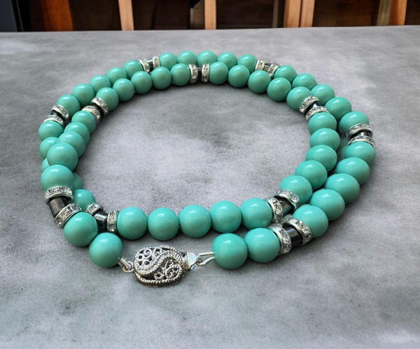 Turquoise Shell Pearl Necklace with Hematite Accents